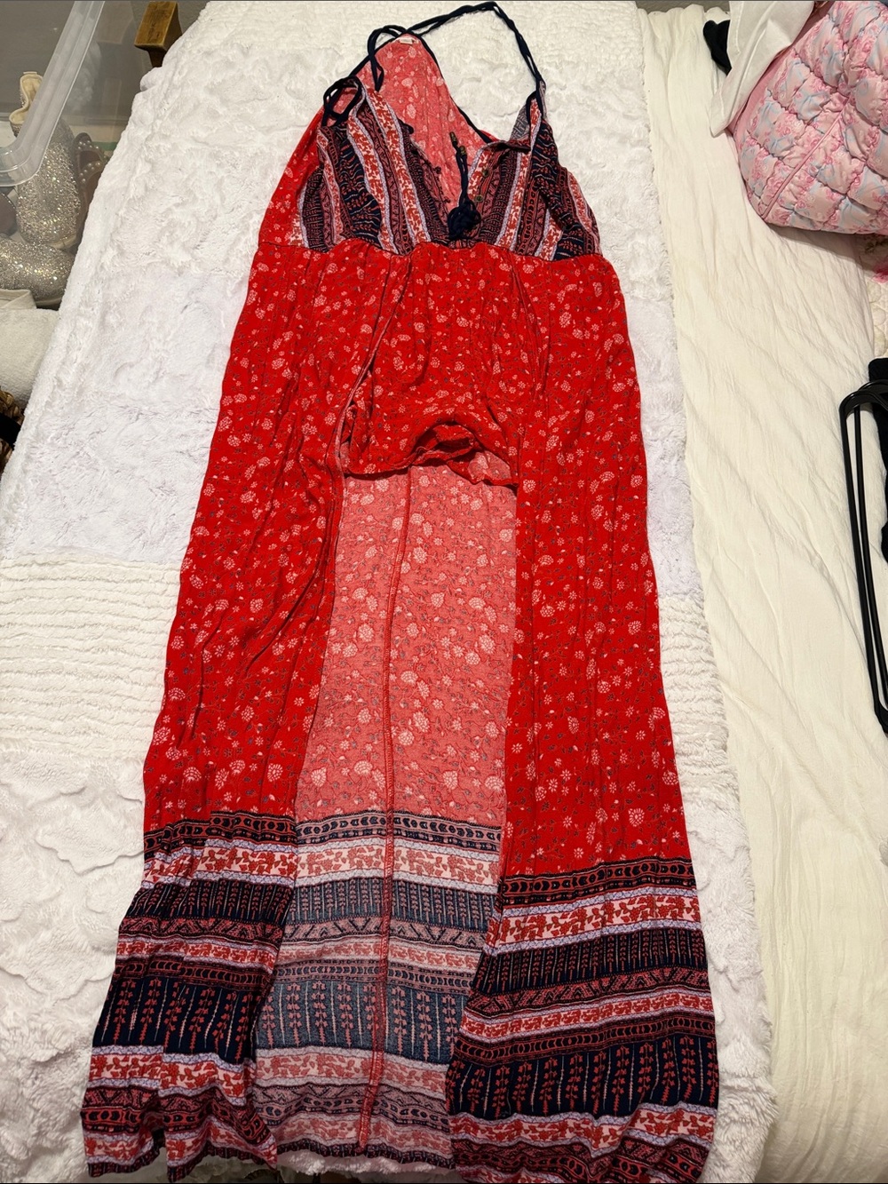 Red Bohemian Maxi Skirt with Patterned Hem